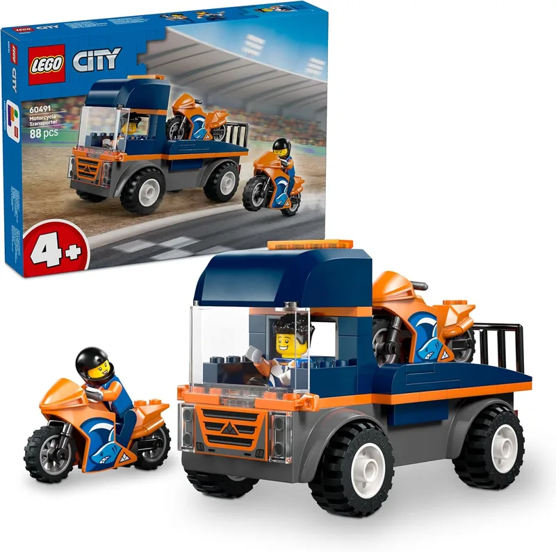 Camião de Transporte de Motociclos LEGO City - Brinquedo de Motricidade Fina com Camião Plataforma, 2 Motociclos, 2 Minifiguras, Rampa e Acessórios - Prenda de Aniversário para Crianças 4+ Anos - 60491