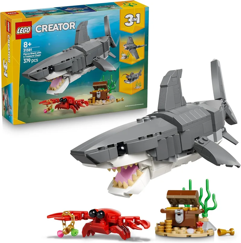 LEGO ▫️ Creator 3in1 Tubarão Feroz com Baú do Tesouro - Figuras de Animais Marinhos Peixe Abissal ou Raia - Decoração de Quarto - Prenda para Rapazes e Raparigas a partir dos 8 anos - 31381