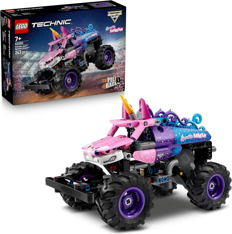 LEGO ▫️ Technic Monster Jam Sparkle Smash com Motor de Carregamento Manual - Modelo de Camião de Brinquedo Rosa com Unicórnio - Prenda de Aniversário para Rapazes e Raparigas a partir dos 7 anos - 42220