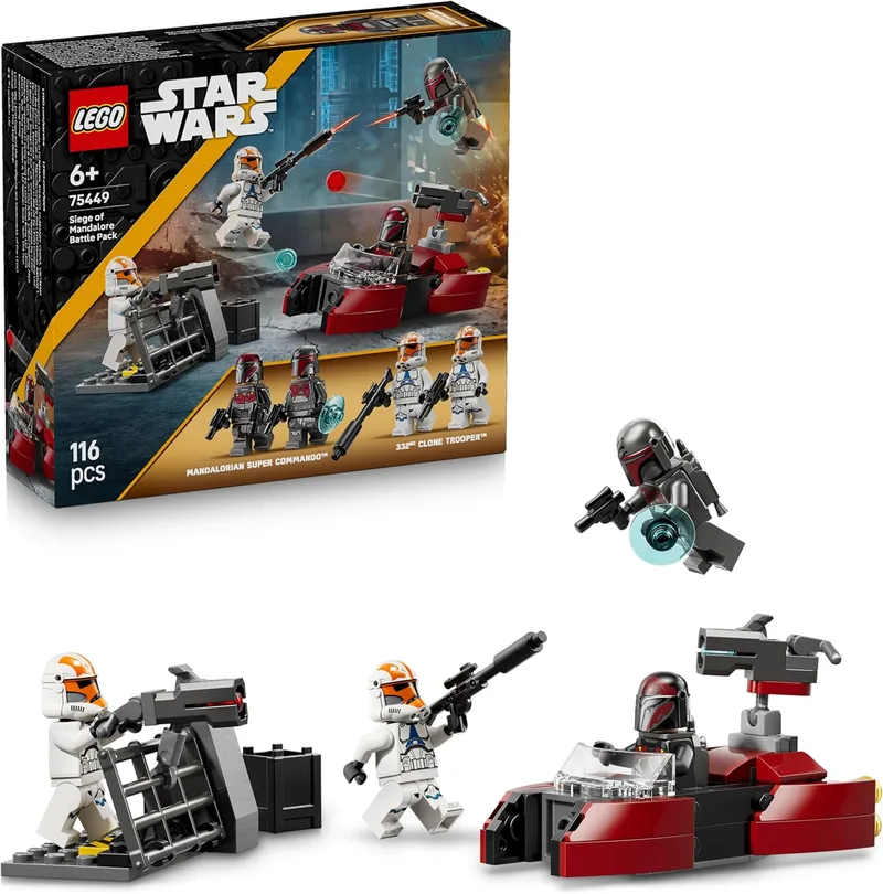 LEGO ▫️ Star Wars 75449 Pacote de Batalha: Cerco de Mandalore - Figuras de Ação Incluindo 2 Minifiguras Mandalorianas e 2 Soldados Clones, Bicicleta de Aceleração de Brinquedo e Blasters - Prenda para Crianças com Mais de 6 Anos
