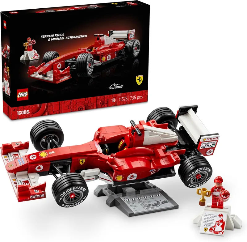 LEGO ▫️ Icons Ferrari F2004 e Michael Schumacher - Maquete de carro de F1 para adultos - Motor V10 com minifigura colecionável de piloto - Presente para homens e mulheres fãs da Fórmula 1 - 11375