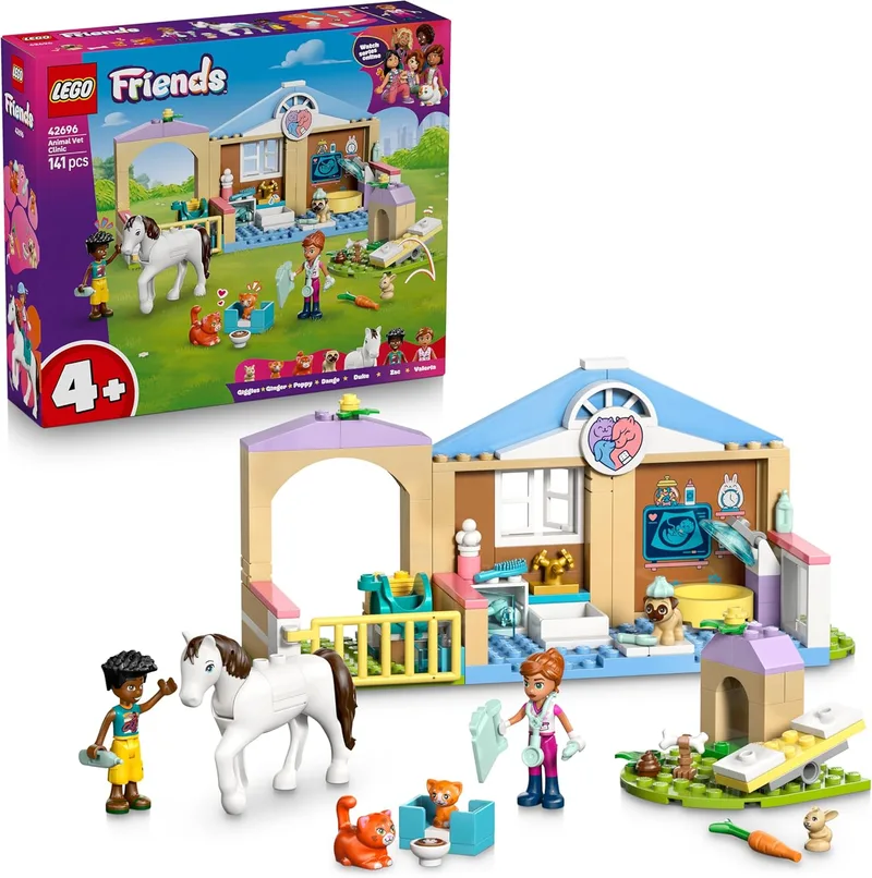 LEGO Friends Clínica Veterinária de Animais - Brinquedo Educativo com Estábulo para Cavalos, 2 Mini Bonecas, Figuras de Cão, Gato e Coelho e Acessórios - Prenda para Raparigas a partir dos 4 anos - 42696