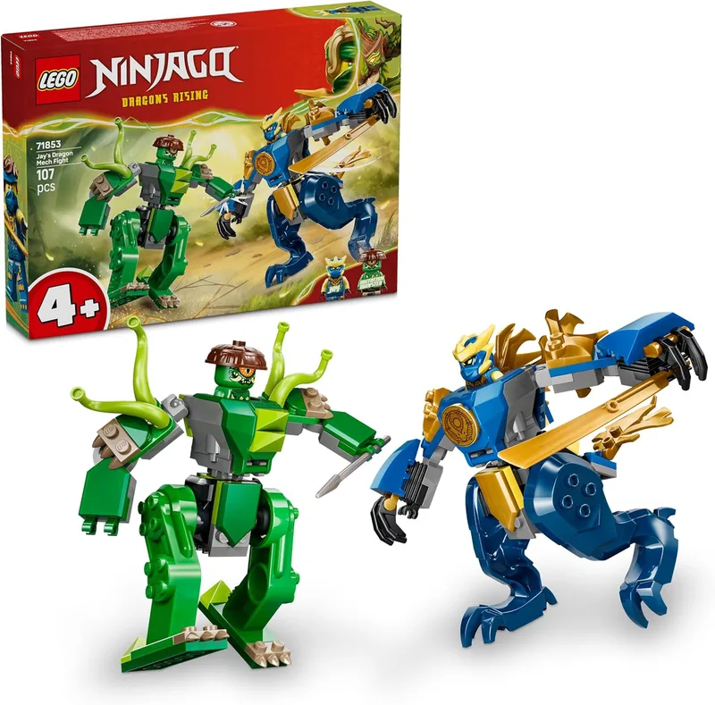 LEGO ▫️ Ninjago: O Combate do Meca-Dragão do Jay - 2 bonecos de ação, 2 minifiguras ninja, katanas e espadas de brincar - Presente de aniversário para crianças a partir dos 4 anos e fãs da série - 71853