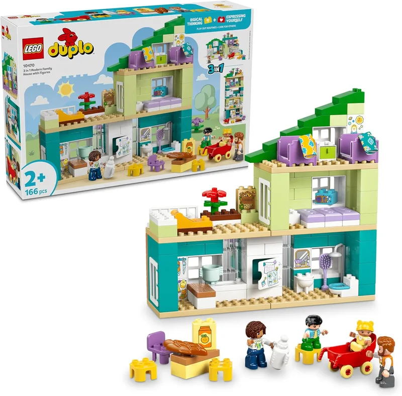 LEGO Duplo Casa da Família Moderna "3em1" com Figuras - Conjunto Educativo para Motricidade Fina - Brinquedo interativo Casa de Bonecas Montessori - Prenda para Raparigas e Rapazes a partir dos 2 anos - 10470
