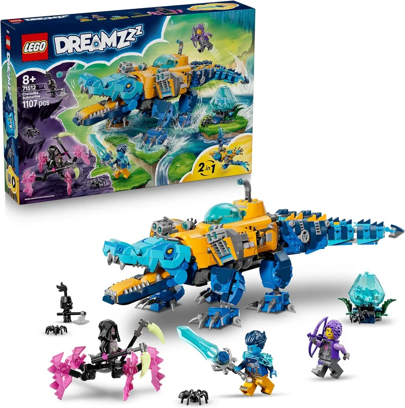 LEGO DREAMZzz 2in1 Submarino Crocodilo Transformável Submarino Águia Brinquedo - 3 Minifiguras, 2 Aranhas e Criatura Tesouro Azul Colecionável - Prenda para Crianças 8+ - 71512