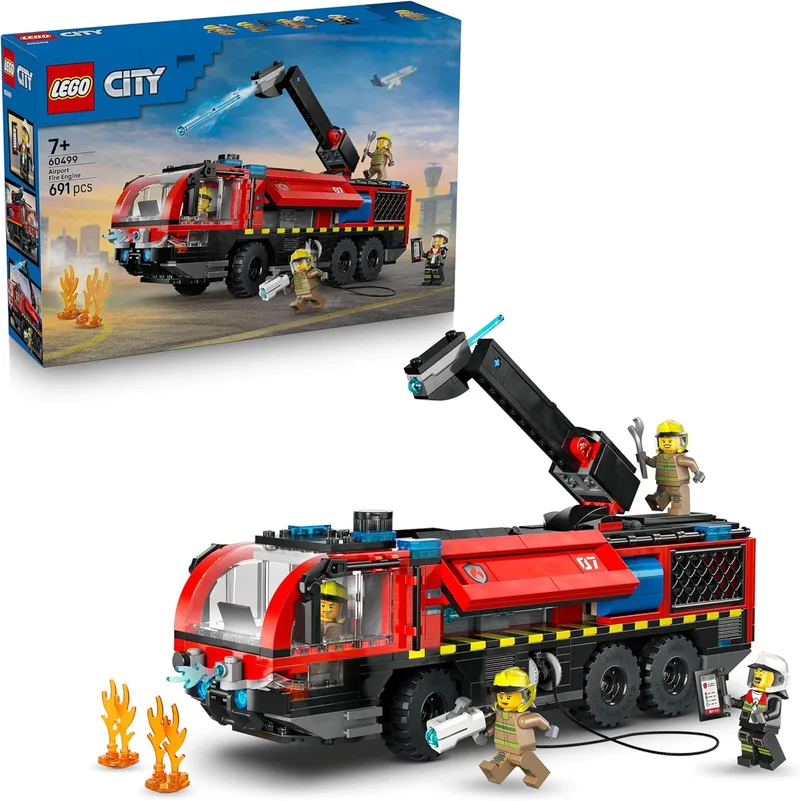 LEGO ▫️ City Airport Fire Truck Toy - Kit de Modelo de Veículo de Emergência com 4 Minifiguras de Bombeiro - Prenda de Aniversário para Crianças 7+ Anos - 60499