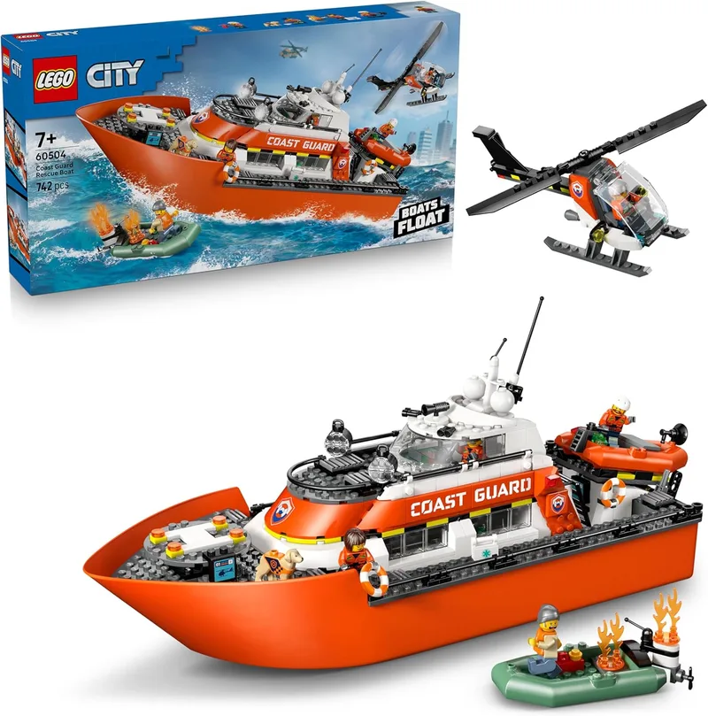 LEGO City Toy Barco de Salvamento e Helicóptero da Guarda Costeira - Conjunto de Veículos de Emergência - Modelo de Barco Flutuante, 5 Minifiguras e Figura de Cão - Prenda para Crianças com Mais de 7 Anos - 60504