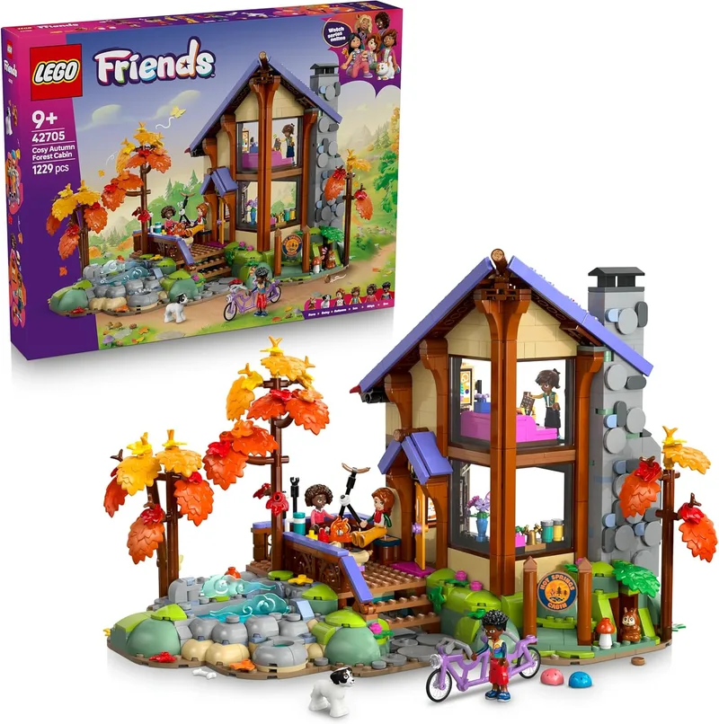 LEGO ▫️ Friends Aconchegante Cabana de Outono na Floresta – Casa de brincar em miniatura com 4 mini bonecas, 2 figuras de animais de estimação, animais e acessórios – Presente de aniversário para meninas a partir dos 9 anos – 42705