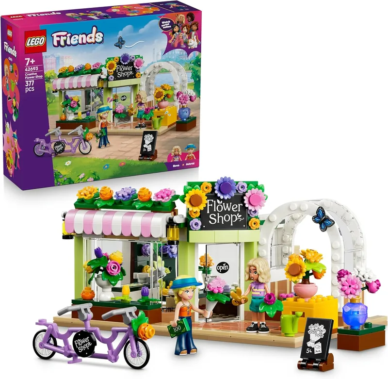 LEGO ▫️ Friends Florista Criativa – Loja de brinquedos em miniatura com flores artificiais, ramos, 2 mini bonecas, bicicleta e acessórios – Presente de aniversário para meninas a partir dos 7 anos – 42693