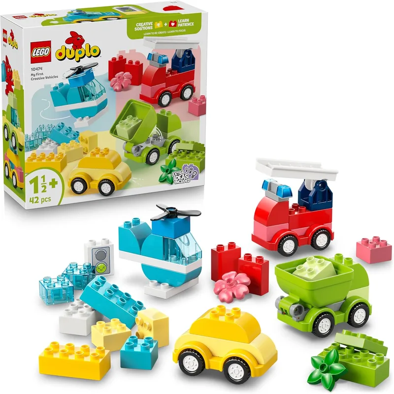 LEGO ▫️ Duplo Veículos Criativos - Conjunto Educativo de Motricidade Fina - Carros, Camião de Bombeiros, Helicóptero e Camiões de Brinquedo - Prenda de Aniversário para Rapazes e Raparigas a partir de 1 ano - 10474