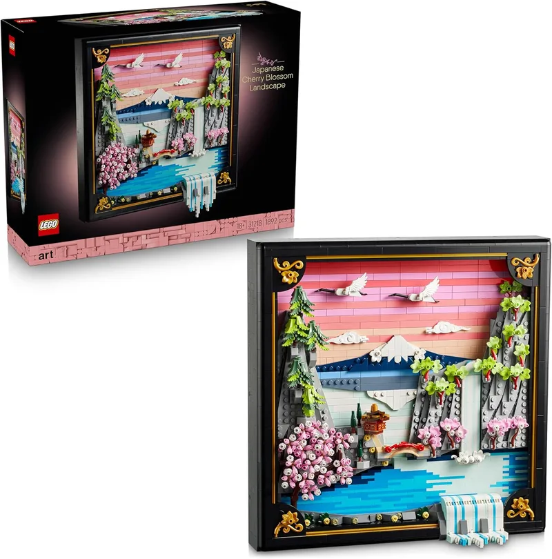 LEGO ▫️ Art Paisagem de Flor de Cerejeira Japonesa - Kit de modelo em miniatura DIY para adultos - Arte de parede 3D em moldura tipo «shadow box» com o Monte Fuji, sakura e cascata texturada - Ideia para presente - 31218