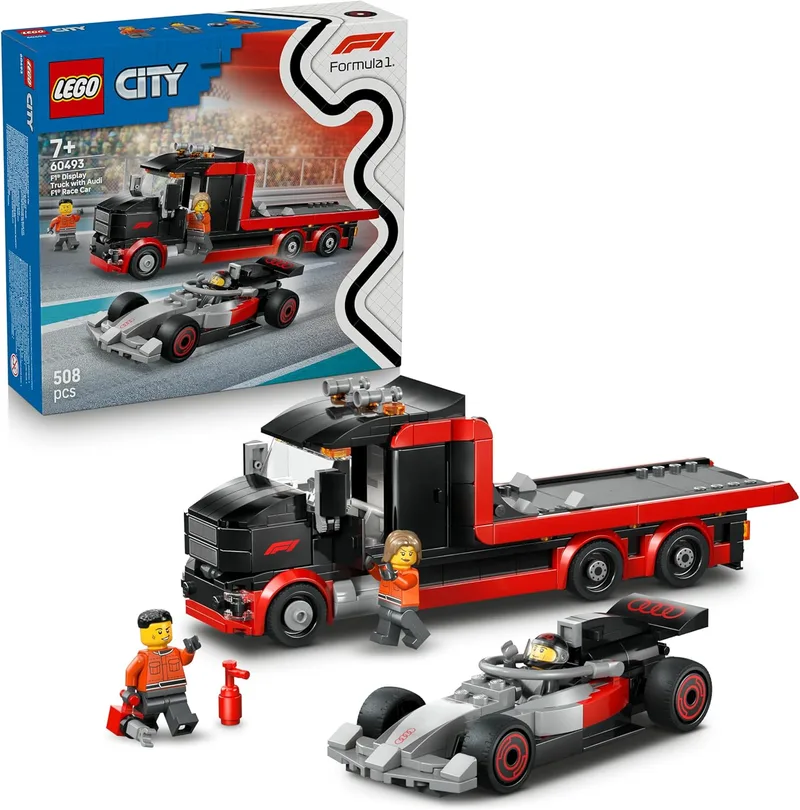 LEGO ▫️ City Camião de Exposição de F1 com Carro de Corrida Audi F1 de Brinquedo - Kit de Maquetes com 3 Minifiguras e Plataforma Elevatória - Presente para Crianças a partir dos 7 Anos e Fãs do Mundo do Automobilismo - 60493