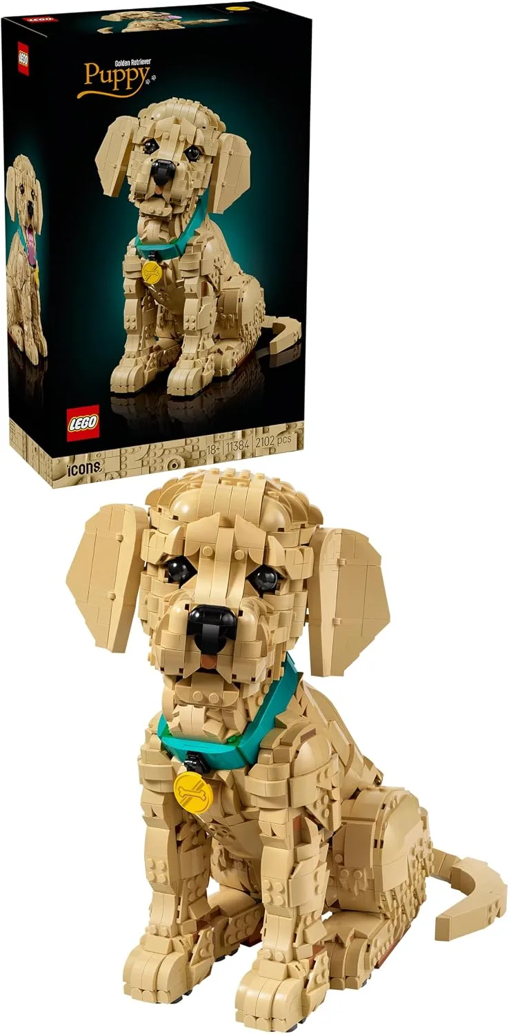 LEGO ▫️ Icons Cachorrinho Golden Retriever - Kit de Maquetes 3D para Adultos - Figura Articulada de Cão com Coleira e Medalhão - Decoração para Estante e Secretária - Presente Artesanal - 11384