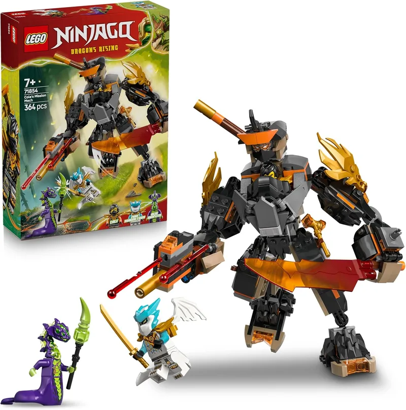 LEGO Ninjago Missão Meca Cole e Dragão Zane - Figura de Ação, 3 Minifiguras com Espadas de Brinquedo Ninja Weapons Inc. - Prenda de Aniversário para Crianças com Mais de 7 Anos e Fãs da Série - 71854