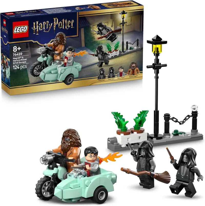 LEGO ▫️ Harry Potter: Hagrid e Harry – Fuga de Privet Drive – Moto de brincar com 4 minifiguras, incluindo Comensais da Morte e maquete da rua – Presente para meninos e meninas a partir dos 8 anos – 76459