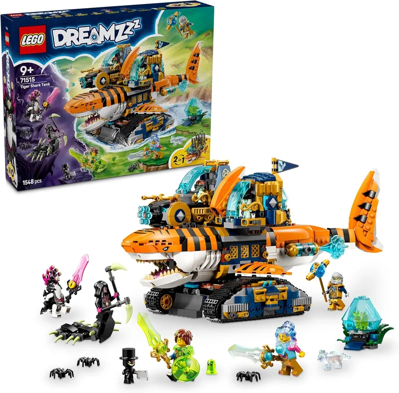 LEGO ▫️ DREAMZzz 2 em 1: Tanque Tubarão-Tigre de Brinquedo - Transformável em Navio Pirata com Canhão - 5 Minifiguras e 2 Criaturas do Tesouro Colecionáveis - Presente para Crianças a partir dos 9 Anos - 71515
