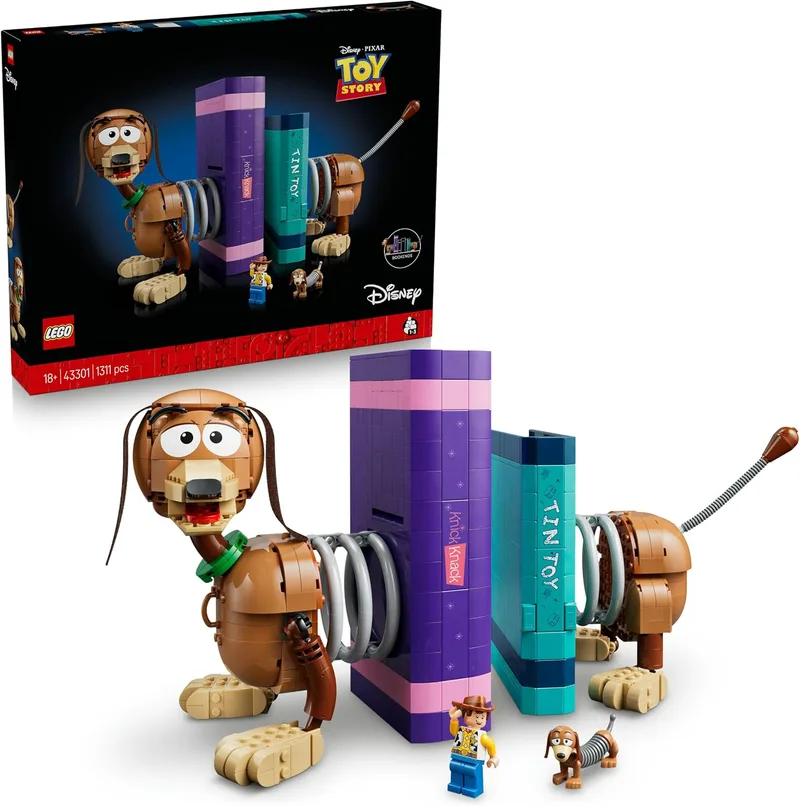 LEGO ▫️ Disney e Pixar Toy Story: Suporte para livros do Slinky - Modelos para adultos de dachshund - Decoração para estantes - Minifigura do Woody e figura de cão salsicha - Presente para fãs - 43301