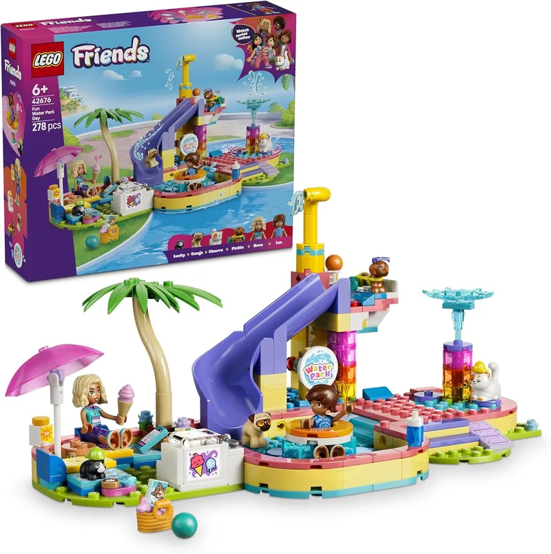 LEGO ▫️ Friends Dia Divertido no Parque Aquático – Brinquedo em miniatura com escorrega, 2 mini bonecas, 4 figuras de animais e acessórios para animais de estimação – Presente de aniversário para meninas a partir dos 6 anos – 42676