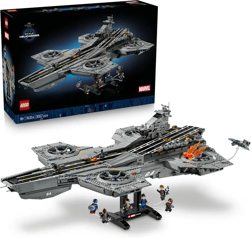 LEGO ▫️ Helitransporte da S.H.I.E.L.D. da Marvel – Kit de construção para adultos: porta-aviões – 6 minifiguras, incluindo o Capitão América e o Nick Fury – Decoração para a estante – Ideia para presente 76354