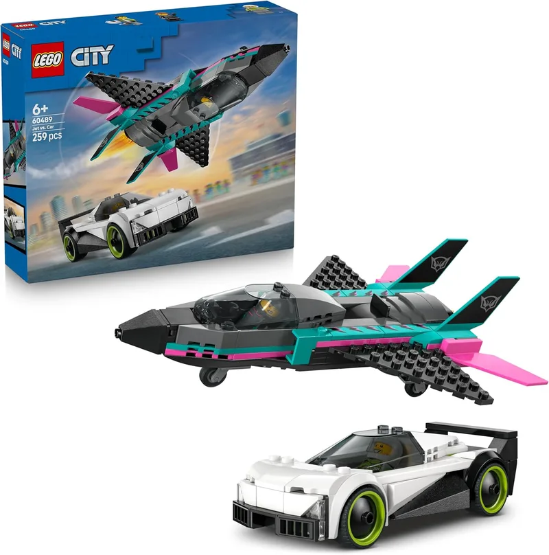 LEGO ▫️ City Jato vs. Carro de Brinquedo - Modelo de Avião, Carro de Corrida Supercarro, Minifiguras de Piloto e Condutor - Prenda de Aniversário para Crianças 6+ - 60489