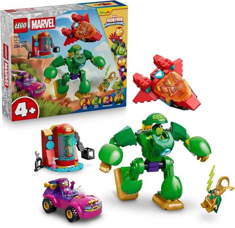 LEGO ▫️ Marvel: Loki vs. Equipa do Homem de Ferro – Super-heróis de brincar com carro, avião, figura de ação e 4 minifiguras – Presente para crianças a partir dos 4 anos e fãs do Homem de Ferro e da sua super-equipa 11211