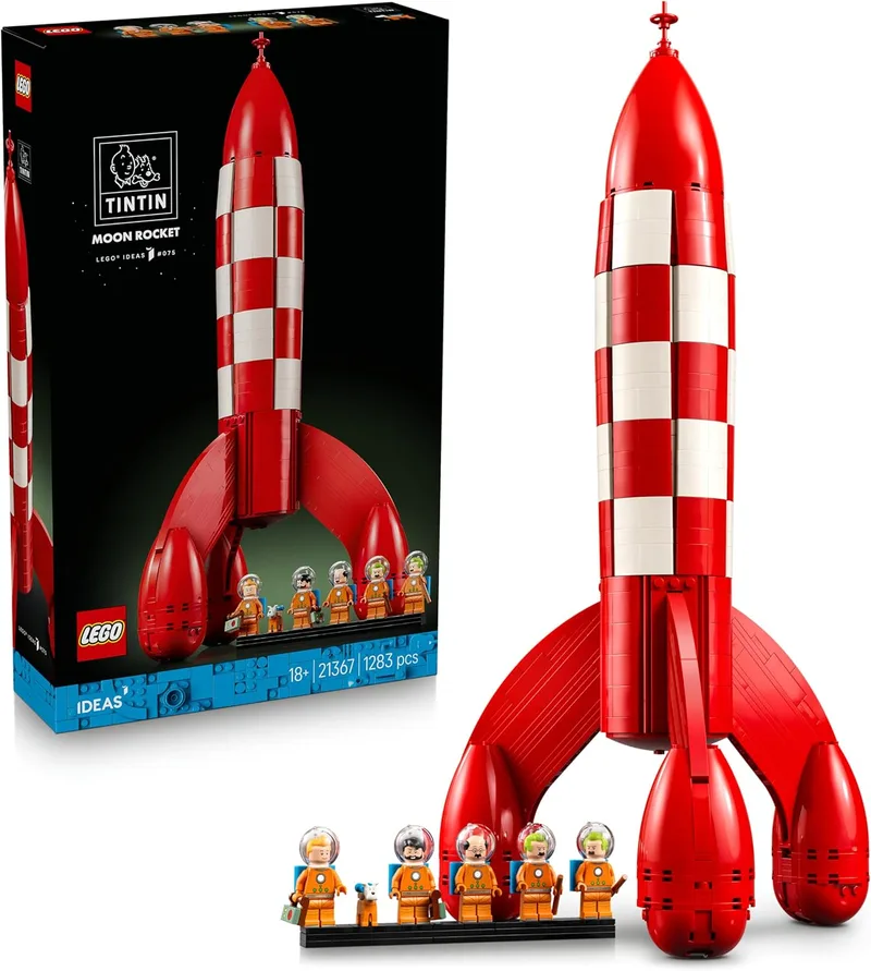 LEGO ▫️ Ideas Foguete Lunar do Tintim - Maquete de nave espacial para adultos - 5 minifiguras e uma figura do cão Snowy - Decoração para a estante - Presente nostálgico para fãs de banda desenhada - 21367