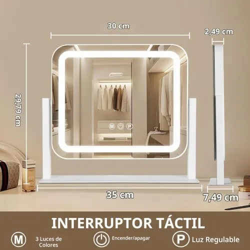 Ratsamee ▫️ Espelho de maquilhagem com luz, espelho de maquilhagem com 3 modos de iluminação, intensidade ajustável, controlo tátil, giratório a 360°, acessório de ampliação incluído, 35 x 30 cm, branco 2