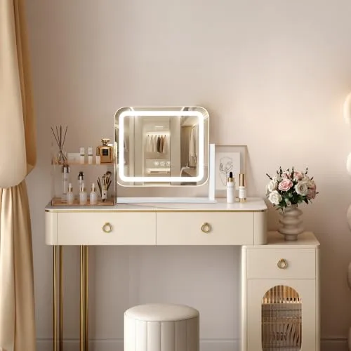 Ratsamee ▫️ Espelho de maquilhagem com luz, espelho de maquilhagem com 3 modos de iluminação, intensidade ajustável, controlo tátil, giratório a 360°, acessório de ampliação incluído, 35 x 30 cm, branco 3