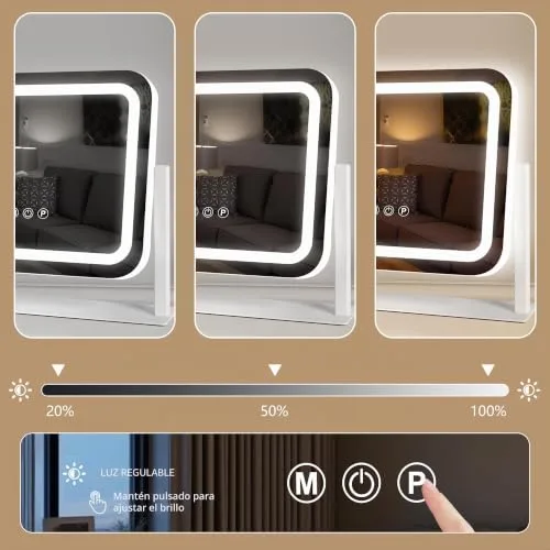 Ratsamee ▫️ Espelho de maquilhagem com luz, espelho de maquilhagem com 3 modos de iluminação, intensidade ajustável, controlo tátil, giratório a 360°, acessório de ampliação incluído, 35 x 30 cm, branco 5