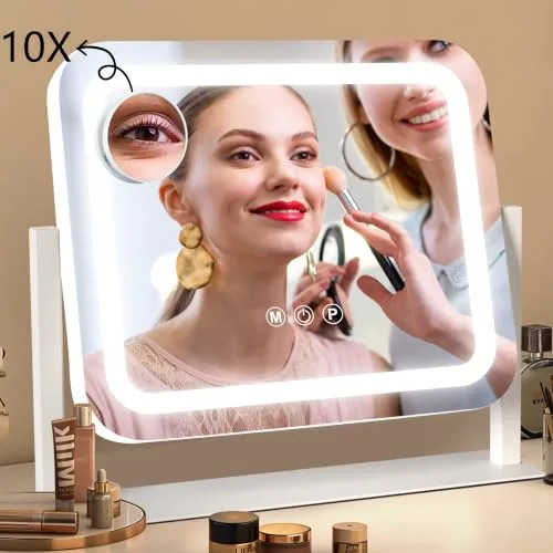 Ratsamee ▫️ Espelho de maquilhagem com luz, espelho de maquilhagem com 3 modos de iluminação, intensidade ajustável, controlo tátil, giratório a 360°, acessório de ampliação incluído, 35 x 30 cm, branco 6