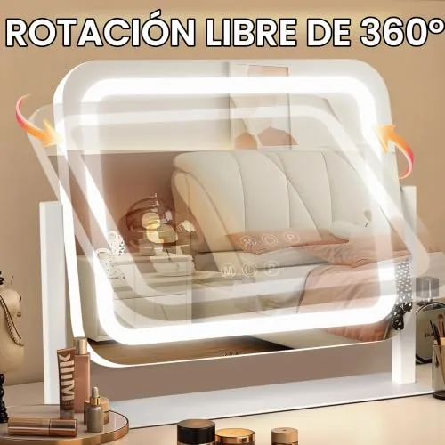 Ratsamee ▫️ Espelho de maquilhagem com luz, espelho de maquilhagem com 3 modos de iluminação, intensidade ajustável, controlo tátil, giratório a 360°, acessório de ampliação incluído, 35 x 30 cm, branco 7
