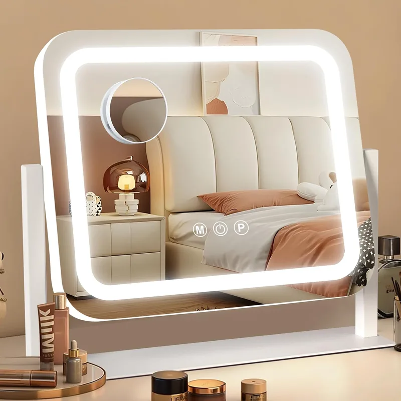 Ratsamee ▫️ Espelho de maquilhagem com luz, espelho de maquilhagem com 3 modos de iluminação, intensidade ajustável, controlo tátil, giratório a 360°, acessório de ampliação incluído, 35 x 30 cm, branco