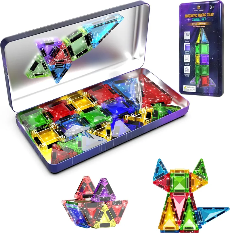 Desire Deluxe ▫️ Micro Blocos Magnéticos de Construção - Brinquedo Educativo STEM de Viagem para Crianças, Brinquedo Sensorial Montessori Magnético para Meninos e Meninas a partir dos 3 anos (28 peças – Brilhante)