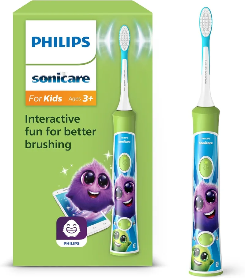 PHILIPS ▫️ Sonicare For Kids, escova de dentes elétrica sónica com aplicação, para crianças a partir dos 3 anos, com SmarTimer e QuadPacer para uma limpeza completa, cor verde, modelo HX6352/11