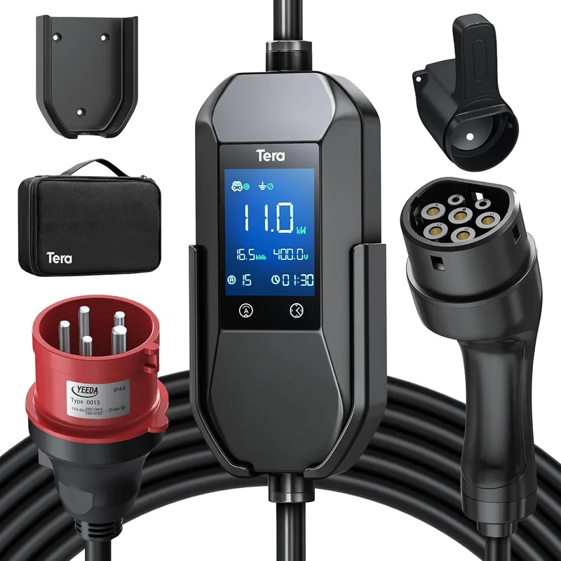 Tera ▫️ Mobile Carregador de Parede para Veículos Eléctricos Tipo 2: 11 kW 400 V 7,5 m 6-16 A 2,8" Ecrã 3-Fases CE e IP66 Cabo de Carregamento com Bolsa, Acessórios para Carros Eléctricos P06