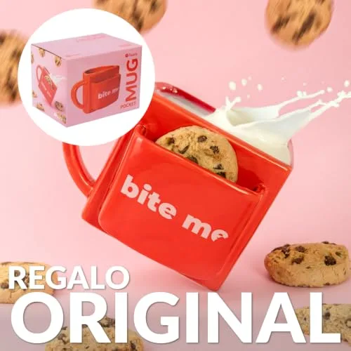 Fisura ▫️ Caneca original para oferecer «Bite me». Caneca de chá vermelha com bolso para bolachas. Caneca divertida para o pequeno-almoço. Caneca moderna para o pequeno-almoço. Capacidade de 316 ml 5