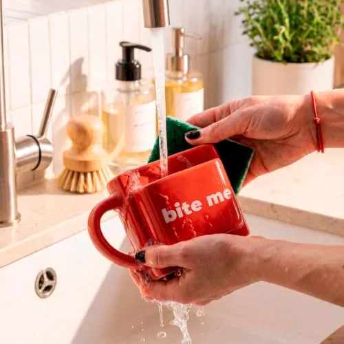 Fisura ▫️ Caneca original para oferecer «Bite me». Caneca de chá vermelha com bolso para bolachas. Caneca divertida para o pequeno-almoço. Caneca moderna para o pequeno-almoço. Capacidade de 316 ml 6