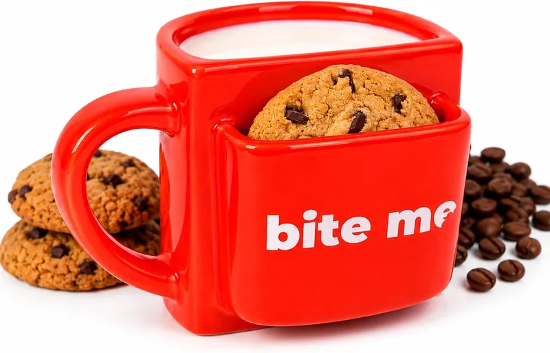 Fisura ▫️ Caneca original para oferecer «Bite me». Caneca de chá vermelha com bolso para bolachas. Caneca divertida para o pequeno-almoço. Caneca moderna para o pequeno-almoço. Capacidade de 316 ml