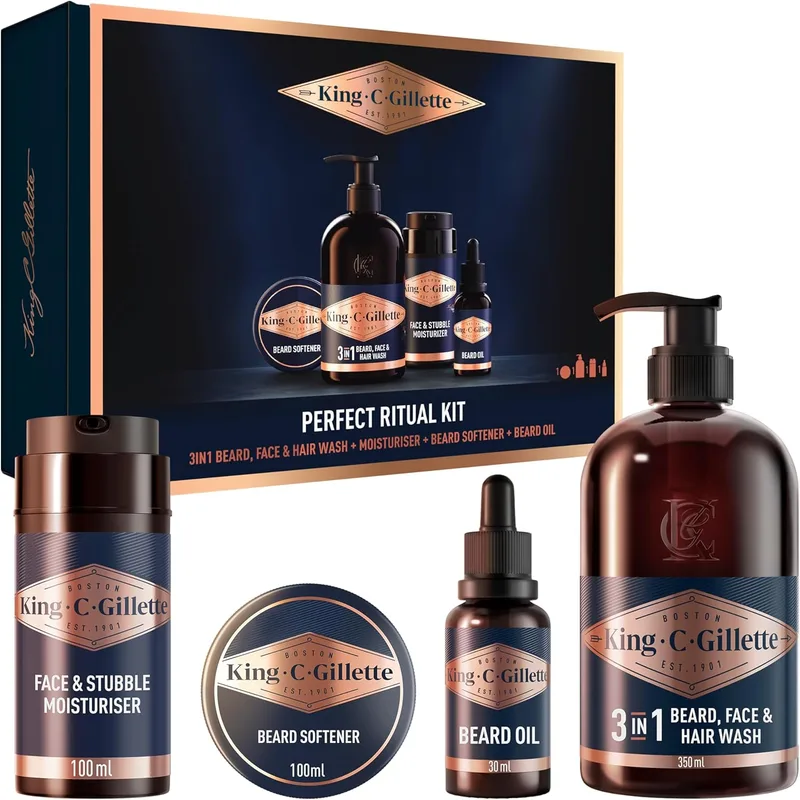 King C. Gillette ▫️ Kit de Barba para Homem «Rotina Perfeita», Conjunto de Gel de Limpeza 3 em 1 para a barba 350 ml + Óleo para a barba 30 ml + Suavizante para a barba 100 ml + Creme hidratante 100 ml, Presentes para Homem