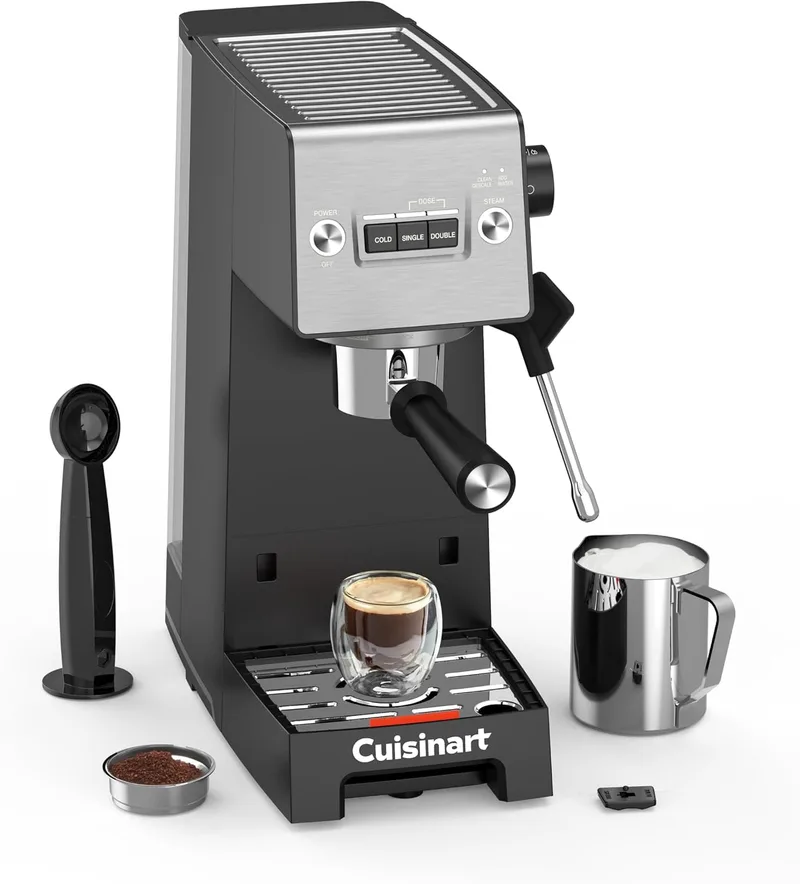 CUISINART ▫️ Máquina de café expresso ® Slim | Café expresso, café americano, café frio | Vaporizador de leite | 15 bar | Porta-filtro sem fundo | Compacta | 1,5 L | Chávenas de viagem