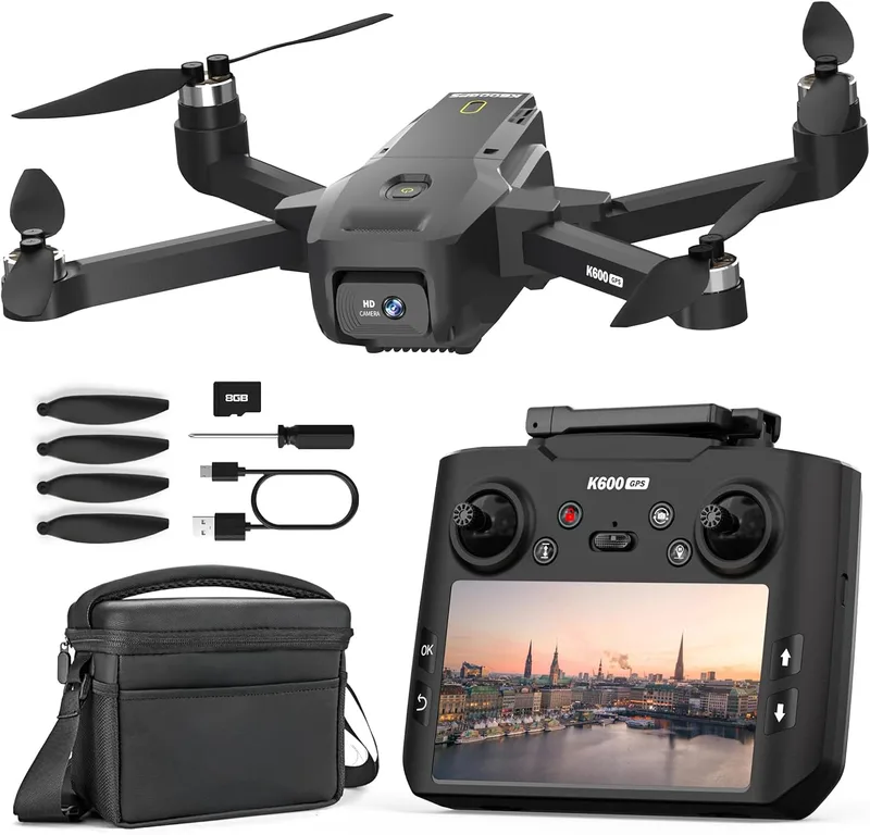 suangrc ▫️ Drone K600GPS com câmara 1080P, ecrã FPV de 4,5", retorno automático, siga-me, motor sem escovas, quadricóptero dobrável para adultos, crianças e principiantes, controlo por gestos, 22 minutos de voo