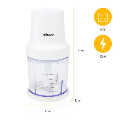 Tristar ▫️ Picador em aço inoxidável, motor de 400 W, 2 velocidades com função turbo, 2 lâminas em aço inoxidável, taça de 0,5 L, design compacto, peças laváveis na máquina de lavar louça, BL-4023 2