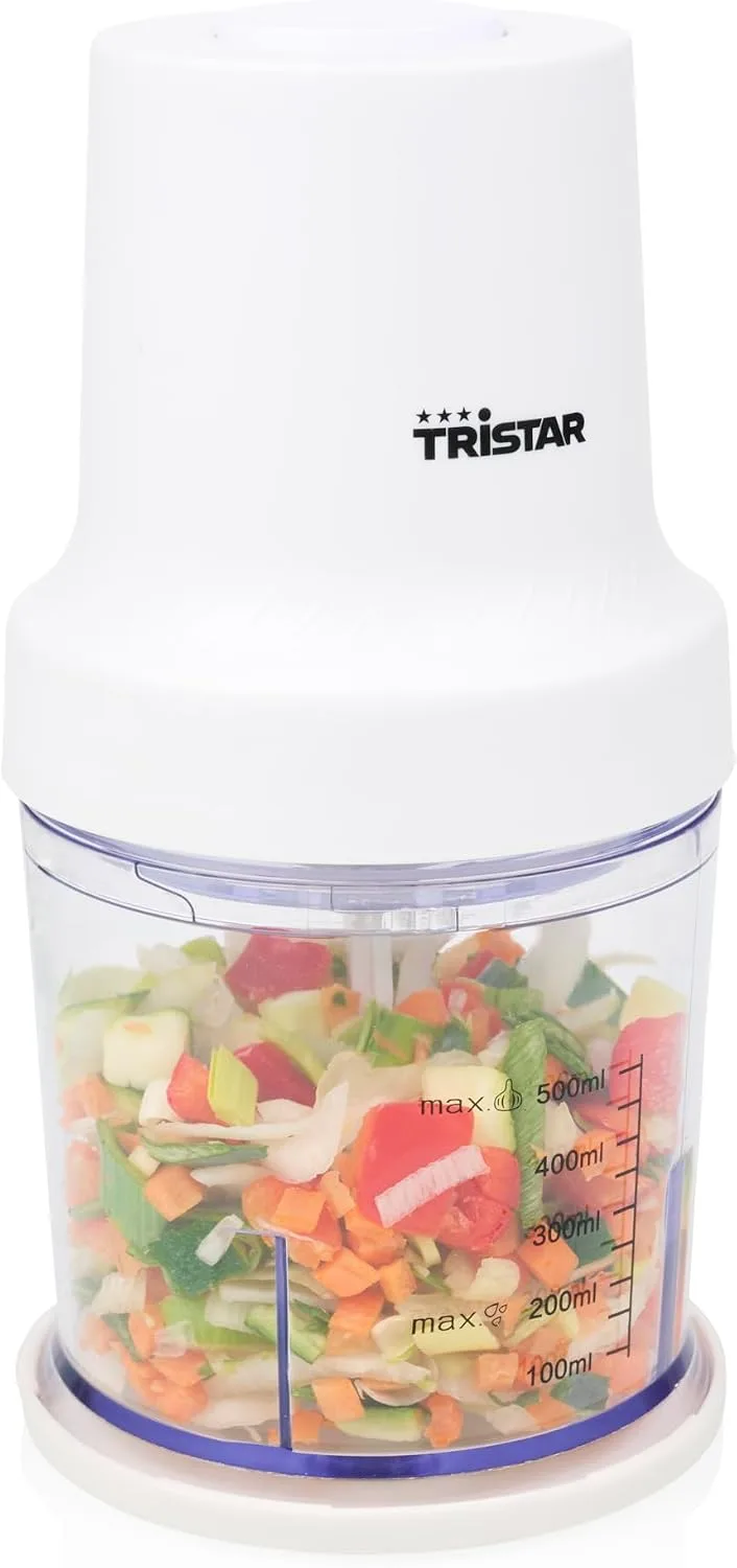 Tristar ▫️ Picador em aço inoxidável, motor de 400 W, 2 velocidades com função turbo, 2 lâminas em aço inoxidável, taça de 0,5 L, design compacto, peças laváveis na máquina de lavar louça, BL-4023