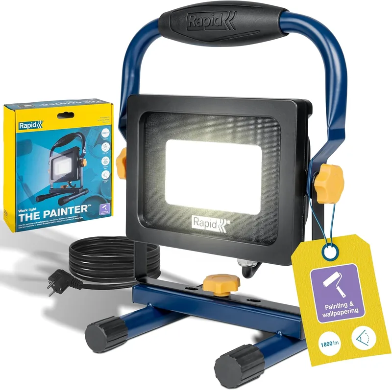 Rapid ▫️ Luz de trabalho The Painter LED, luz potente de 2000 lúmenes com ângulo de iluminação ajustável para pintura e colocação de papel de parede, antirreflexo, IP65, e temperatura de cor de 6000K, cabo de 2,5 m