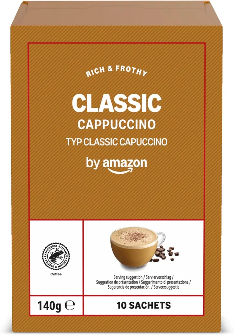 by Amazon ▫️ da Amazon - Saquinhos de cappuccino, embalagem de 10 * 14 g, 10 unidades, certificado pela Rainforest Alliance