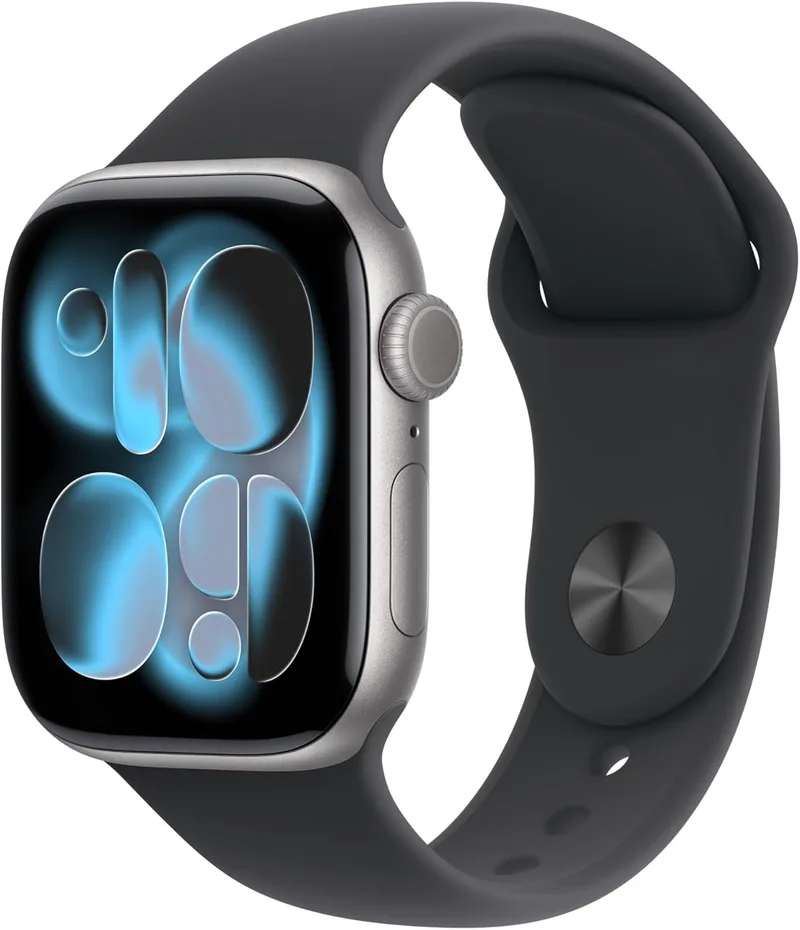 Apple ▫️ Watch Série 11 com GPS, caixa em alumínio na cor cinzento espacial de 42 mm e bracelete desportivo preto – Tamanho S/M. Qualidade do sono, monitorização de treino e saúde, ecrã sempre ativo, resistência à água