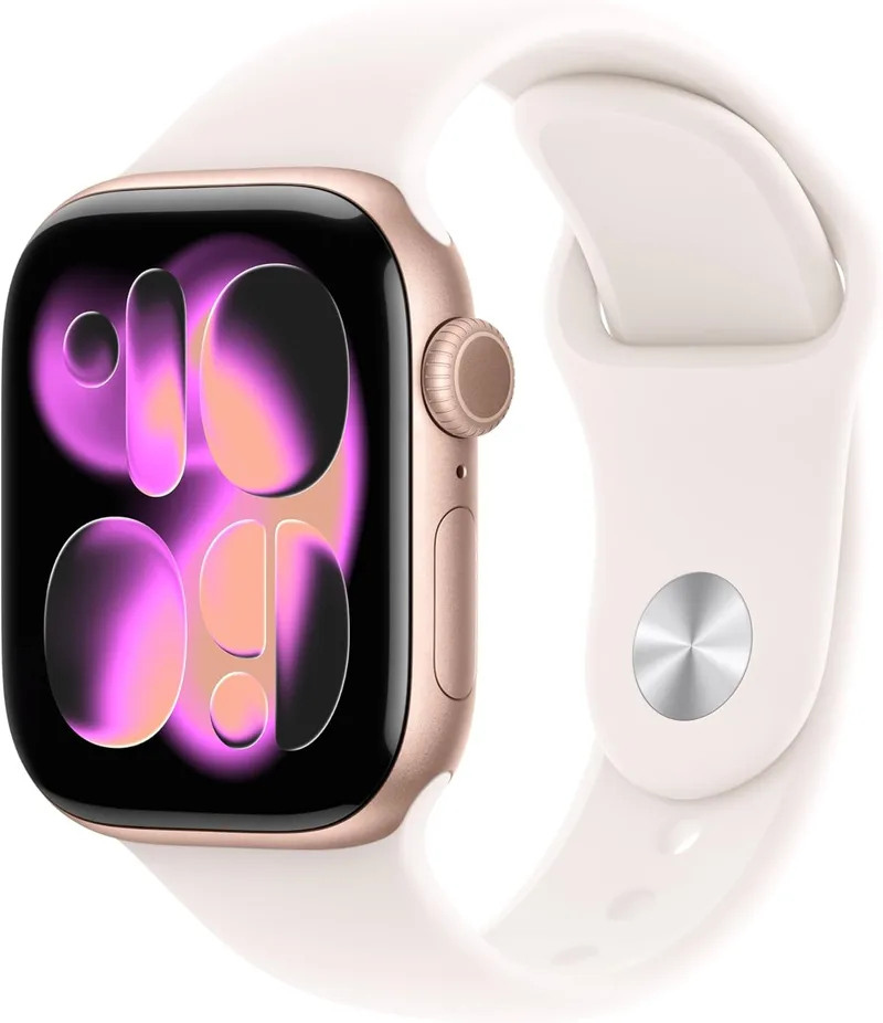 Apple ▫️ Watch Series 11 GPS com caixa de alumínio rosa dourado de 42 mm e bracelete desportiva cor-de-rosa - tamanho S/M. Monitores da qualidade do sono, do exercício e da saúde, ecrã sempre ligado, resistente à água