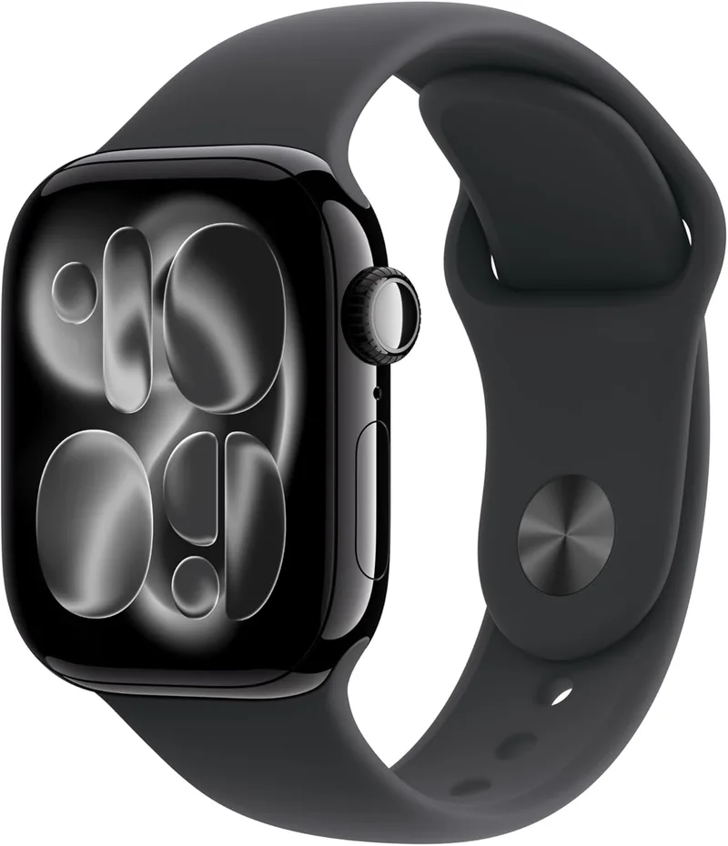 Apple ▫️ Watch Series 11 GPS com caixa de alumínio preto a jato de 42 mm e bracelete desportiva preta - Tamanho S/M. Monitores de qualidade do sono, fitness e saúde, ecrã sempre ligado, resistente à água, resistente à água.