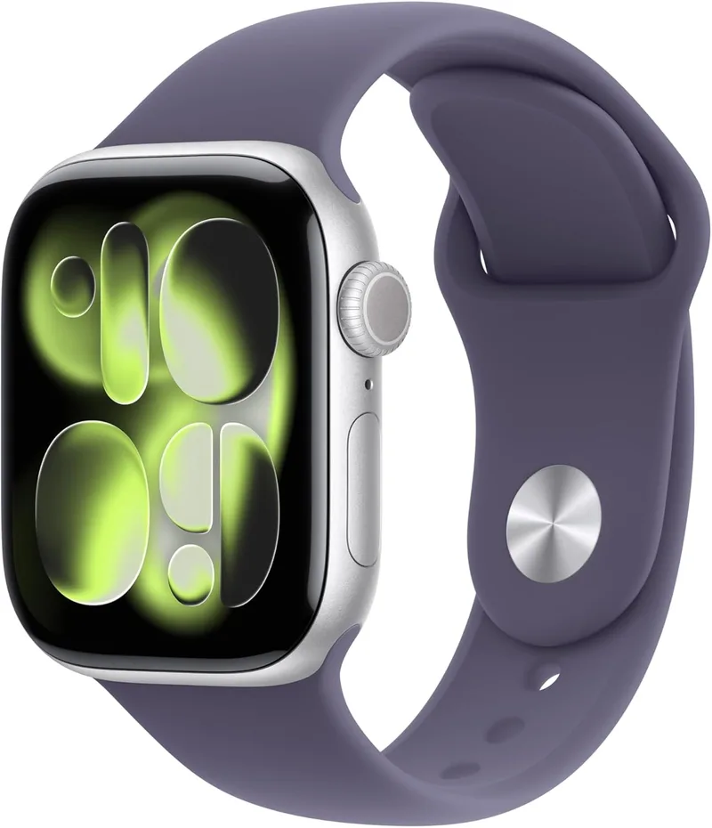 Apple ▫️ Relógio Watch Series 11 com GPS, caixa de alumínio prateada de 42 mm e bracelete desportiva com névoa - Tamanho M/L. Monitores de qualidade do sono, exercício e saúde, ecrã sempre ligado, resistente à água, resistente à água