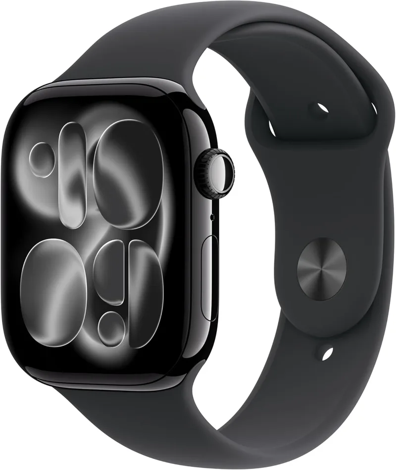 Apple ▫️ Watch Series 11 GPS com caixa de alumínio preta de 46 mm e bracelete desportiva preta - Tamanho M/L. Monitores de qualidade do sono, fitness e saúde, ecrã sempre ligado, resistente à água, resistente à água.